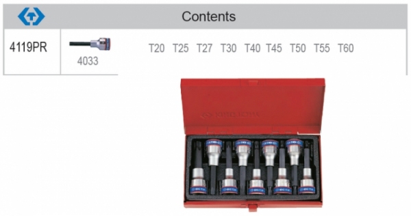 Kpl. nasadek z końcówką Torx 1/2"  9 cz. długich T20-T60 King Tony