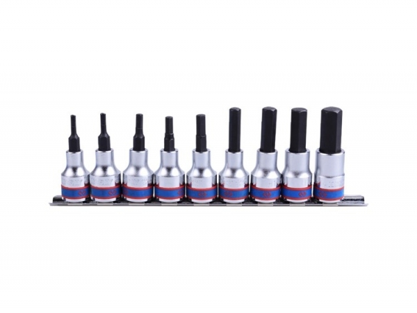 Kpl. nasadek z końcówką 6-kąt. 1/2"  9 cz. długich 4-17mm na szynie