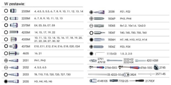 Kpl. nasadek 1/2 i 1/4" 6-kąt. 110cz. z akcesoriami